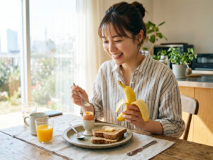 朝日が差し込む部屋で、五月病予防に効果的なバナナと卵の朝食を食べて笑顔になる女性のイメージ