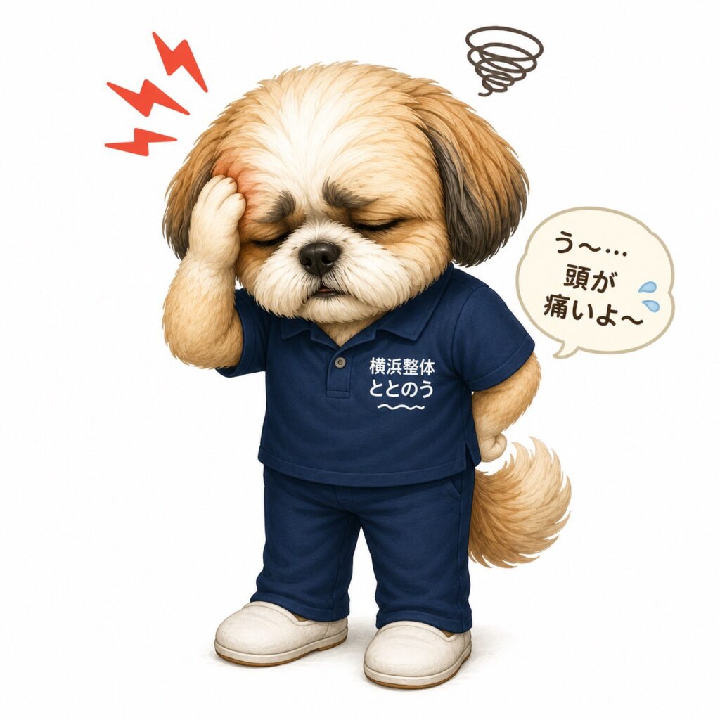 「頭が痛いよ〜」と頭を抱えて頭痛に悩む犬のキャラクター(横浜整体 ととのう)