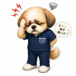 「頭が痛いよ〜」と頭を抱えて頭痛に悩む犬のキャラクター（横浜整体 ととのう）