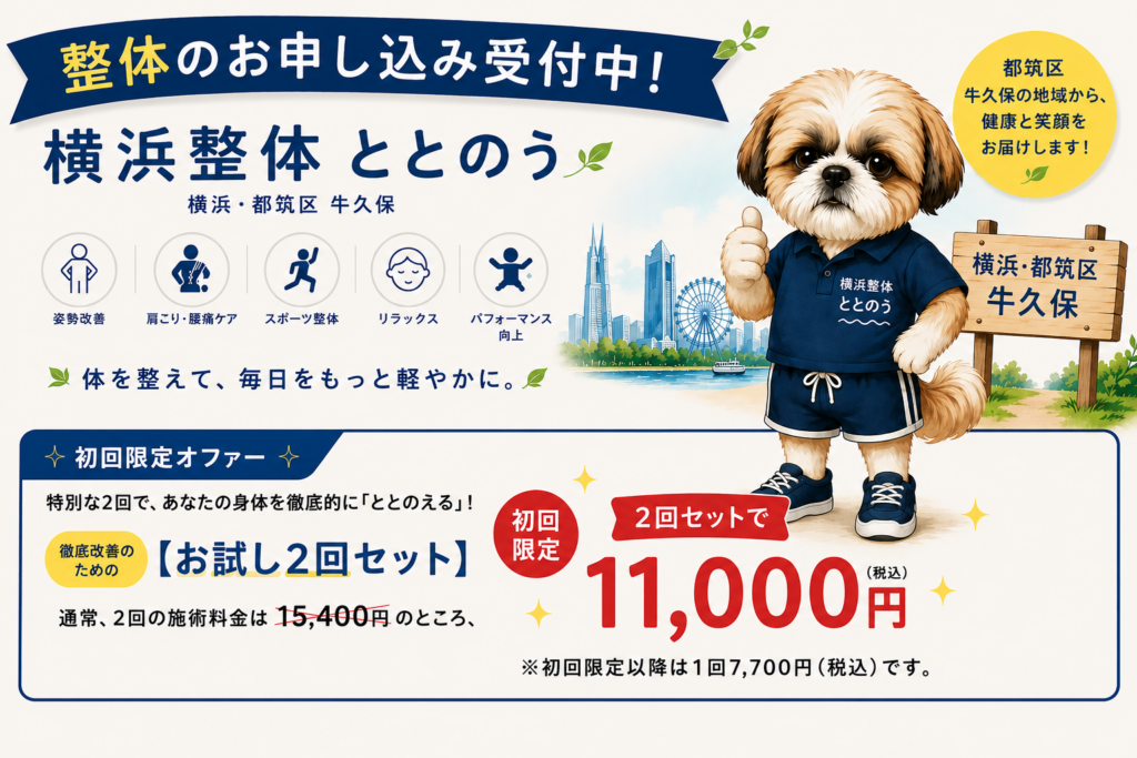 横浜整体 ととのう｜横浜市都筑区牛久保 初回限定お試し2回セット11,000円（税込）の整体キャンペーン