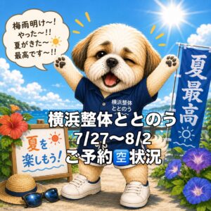 都筑区中川の横浜整体ととのう7/27(月)〜8/2(日)の予約空き状況。最新の詳細はHPをご確認ください。横浜整体ととのうのイメージキャラクター「ととまる先生」が紹介中。