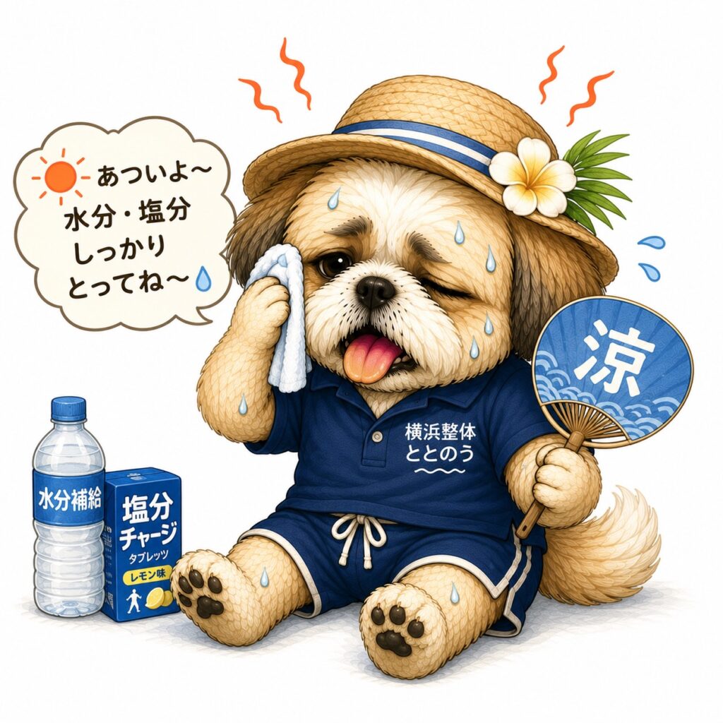 「横浜整体ととのう」キャラクターととまる先生が水分・塩分補給を呼びかける熱中症対策・夏バテ予防のイラスト