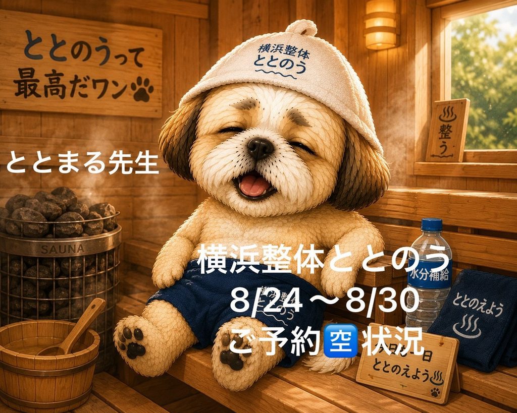 都筑区中川の横浜整体ととのう8/24(月)〜8/30(日)の予約空き状況。最新の詳細はHPをご確認ください。横浜整体ととのうのイメージキャラクター「ととまる先生」が紹介中。