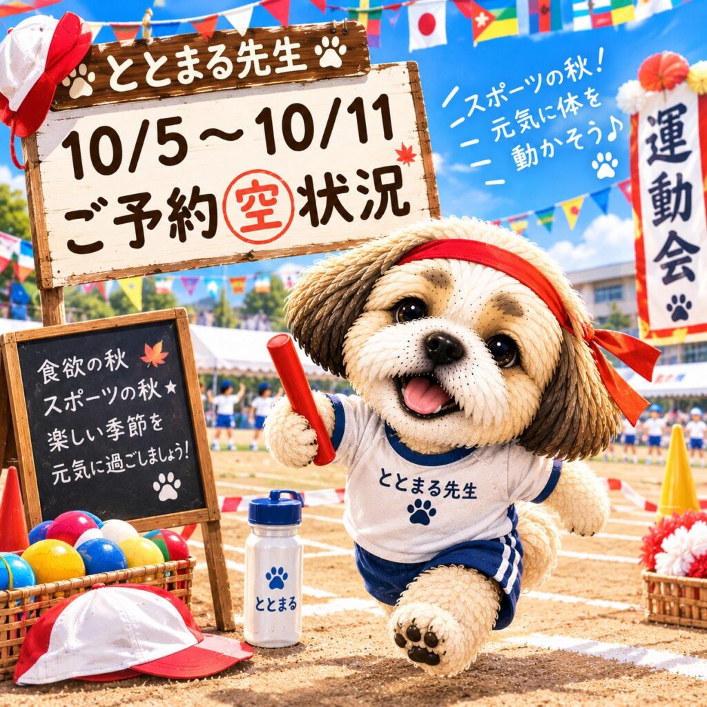 都筑区中川の横浜整体ととのう10/5(月)〜10/11(日)の予約空き状況。最新の詳細はHPをご確認ください。横浜整体ととのうのイメージキャラクター「ととまる先生」が紹介中。